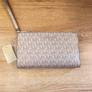 Michael Kors Metalic Rose Gold Signature Print Large Jet Travel Wallet